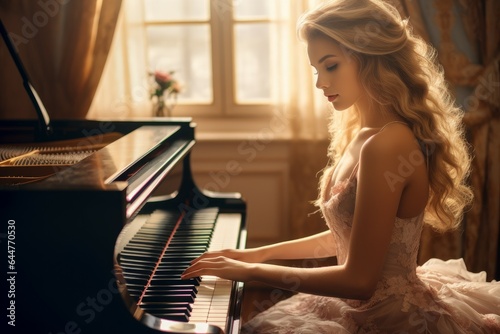 Beautiful woman playing piano music. Generate Ai