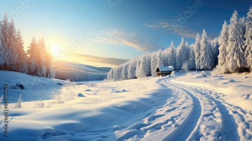 Winter landscape with dawn in forest. Winter sunrise and trees covered with snow.