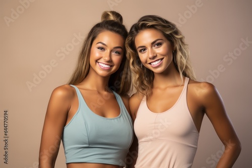 two young beautiful women girls with blond hair in sport wear standing together