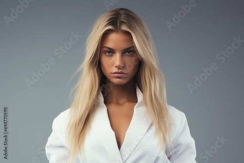 portrait of a beautiful woman in white karate kimono on grey background