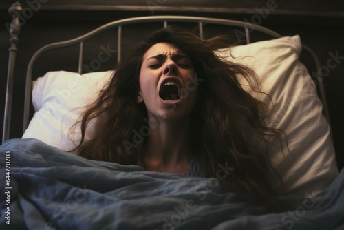 Woman screaming in bed pillow. Generate Ai