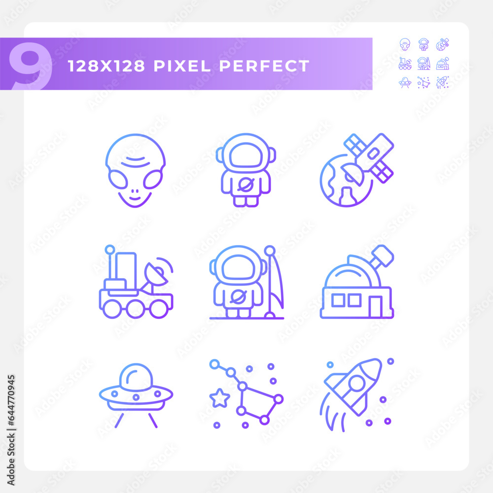 Space exploration pixel perfect gradient linear vector icons set. Cosmic discovery. Mars landing. Science fiction. Thin line contour symbol designs bundle. Isolated outline illustrations collection