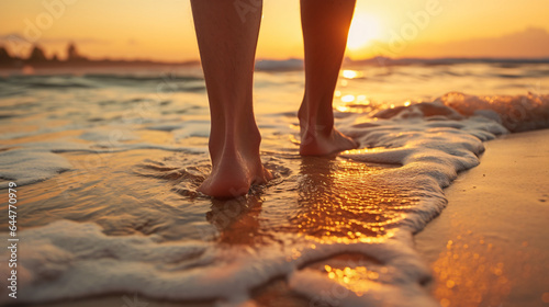A man or woman walks barefoot outdoors on the beach