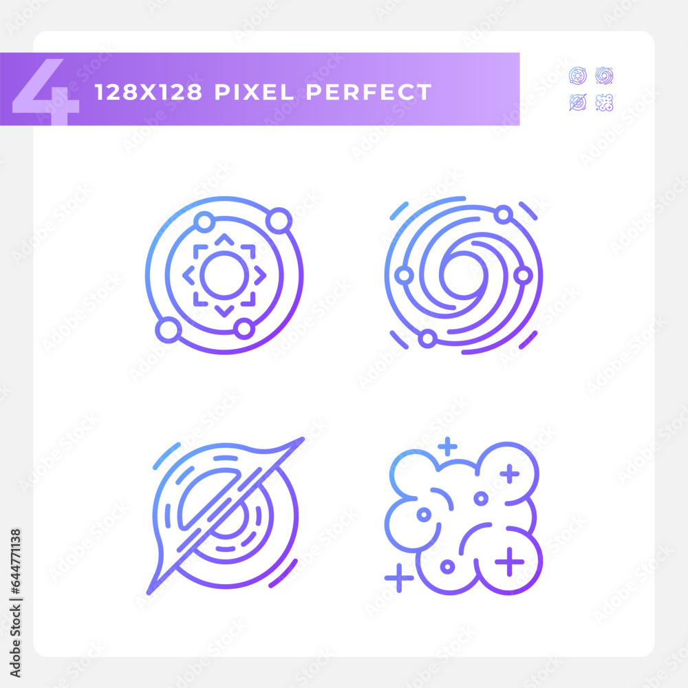 Outer space pixel perfect gradient linear vector icons set. Cosmic phenomena. Astronomical discoveries. Thin line contour symbol designs bundle. Isolated outline illustrations collection