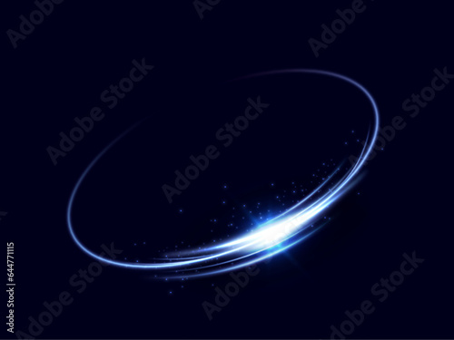  Glowing blue spiral. Circle abstract lines effect. Rotating shiny rings. Glowing circular lines. Glowing ring trail. Vector.