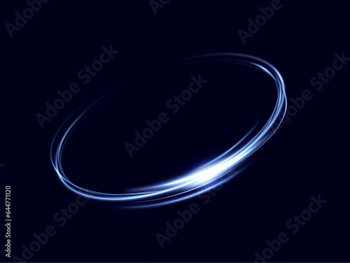  Glowing blue spiral. Circle abstract lines effect. Rotating shiny rings. Glowing circular lines. Glowing ring trail. Vector.