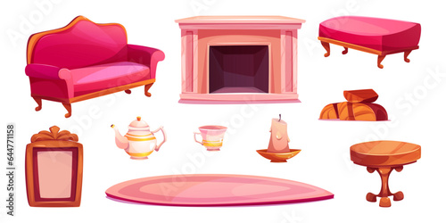 Victorian living room interior design elements set isolated on white background. Vector cartoon illustration of pink couch and footstool, wooden table, fireplace, elegant porcelain cup and teapot