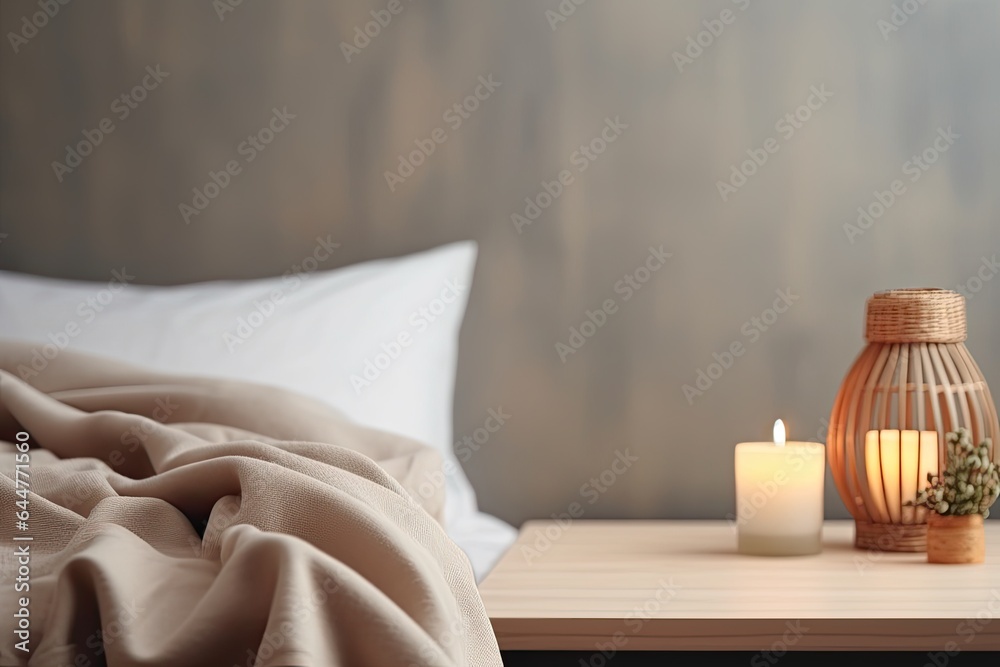 Modern interior cozy bedroom design with wall and a vase with autumn leaves with on wooden wall background, selective focus Modern interior cozy bedroom design with wall and a vase with autumn leaves with on wooden wall background, selective focus