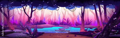 Fairy tale forest landscape with lake. Vector cartoon illustration of beautiful scenery with blue water stream surrounded by old trees, bushes and stones, neon white fireflies glowing in branches