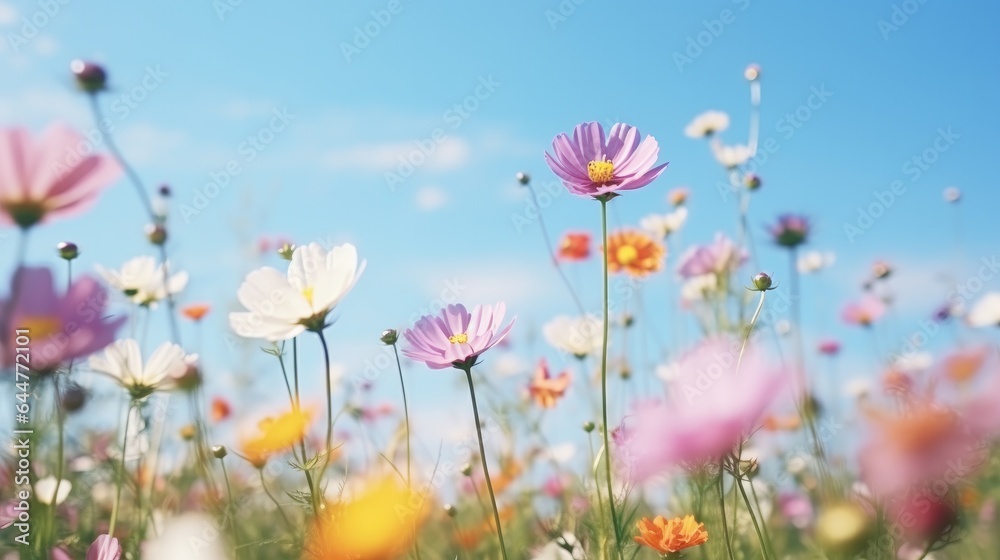 Beautiful flower background image in full bloom with blue sky in the spring field. Beautiful flower background image in full bloom with blue sky in the spring field.