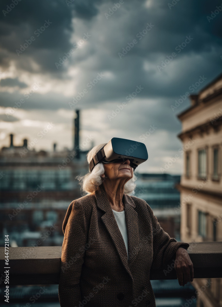 old woman on the roof in VR goggles.