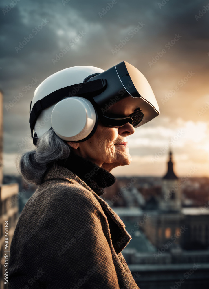 old woman on the roof in VR goggles.
