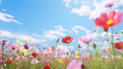 Beautiful flower background image in full bloom with blue sky in the spring field. © Parichat
