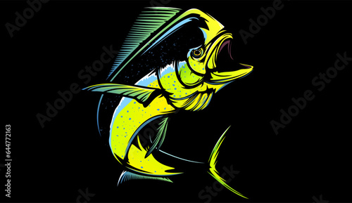 Mahi mahi emblem. Mahi fishing vector illustration. Healthy food. Saltwater fishing. Dolphin fish.