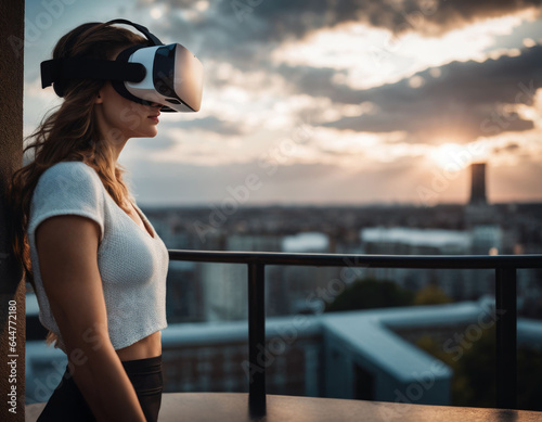 woman on the roof in VR goggles. AI generation