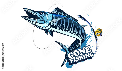 Vector Illustration of a wahoo. Acanthocybium solandri. A scombrid fish jumping up viewed from the side set on isolated white background done in retro style.
