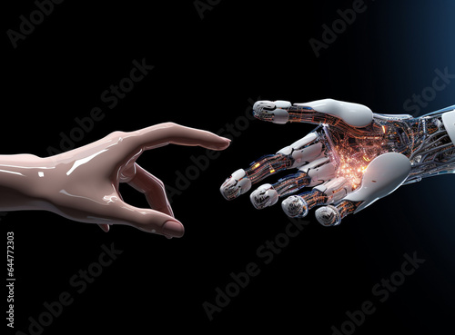 Robotic and human hands reaching for each other against a solid background, bathed in captivating technology light effects. Generative AI. photo