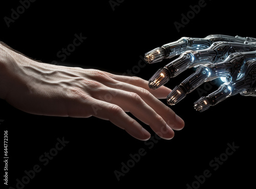 Robotic and human hands reaching for each other against a solid background, bathed in captivating technology light effects. Generative AI.