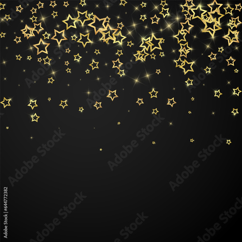 Gold sparkling star confetti. Chaotic dreamy childish overlay template. Festive stars vector illustration on black background.