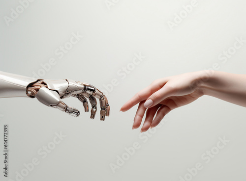 Robotic and human hands reaching for each other against a solid background, bathed in captivating technology light effects. Generative AI. photo