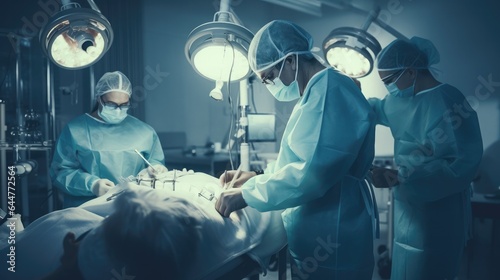 A group of doctors and nurses operating on a patient in an operating room.
