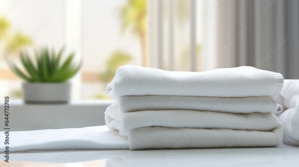 Roll of clean bath towel and houseplant on white table, spa concept. Roll of clean bath towel and houseplant on white table, spa concept.
