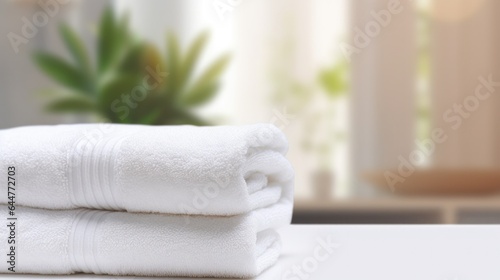 Roll of clean bath towel and houseplant on white table, spa concept.