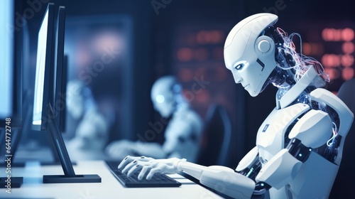 White robot sitting in front of computer, robot working concept