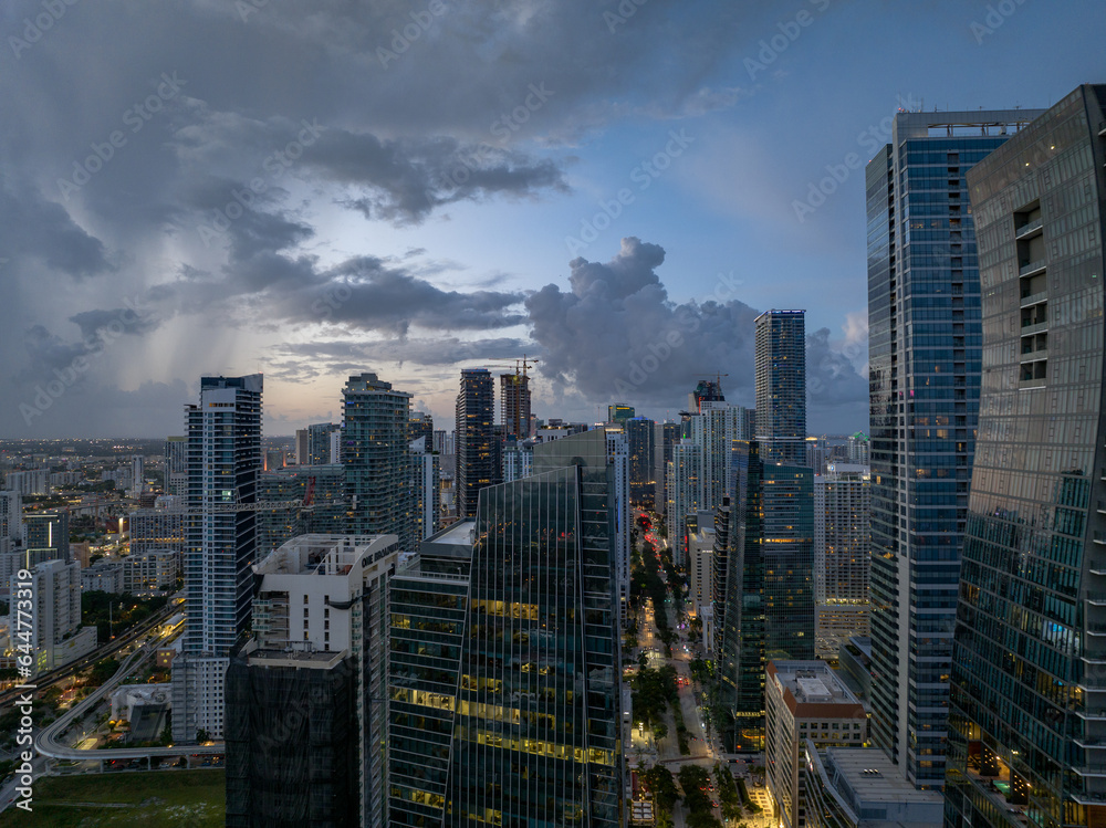 Skyline of Miami downtown at dusk. Florida, United States, Miami City on Sunny Day, USA. Aerial View stock photo, Miami skyline as seen from air