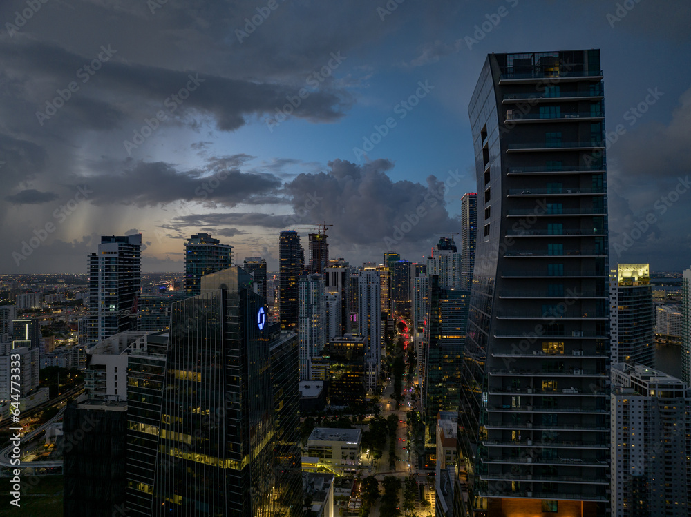 Obraz premium Skyline of Miami downtown at dusk. Florida, United States, Miami City on Sunny Day, USA. Aerial View stock photo, Miami skyline as seen from air