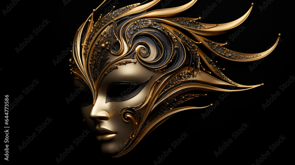 Golden asymmetrical mask on black background