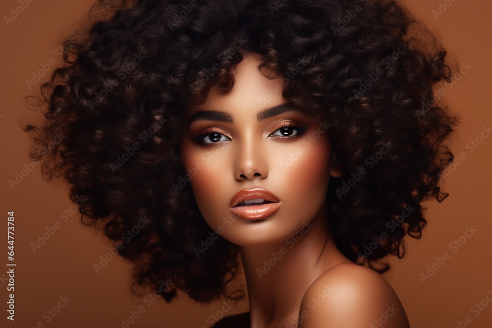 Fototapeta premium a macro close-up studio fashion portrait of a face of a young african woman with perfect skin, black hair and immaculate make-up. Skin beauty and hormonal female health concept.