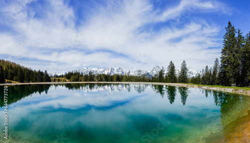 view to trees snowy mountains and a lake with wonderful reflections panorama view