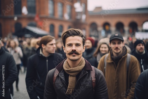 photography showcasing a city square, where an open-air event for Movember is underway. One Man with a mustache in focus.