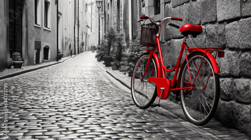 Retro vintage red bike on cobblestone street © Rimsha