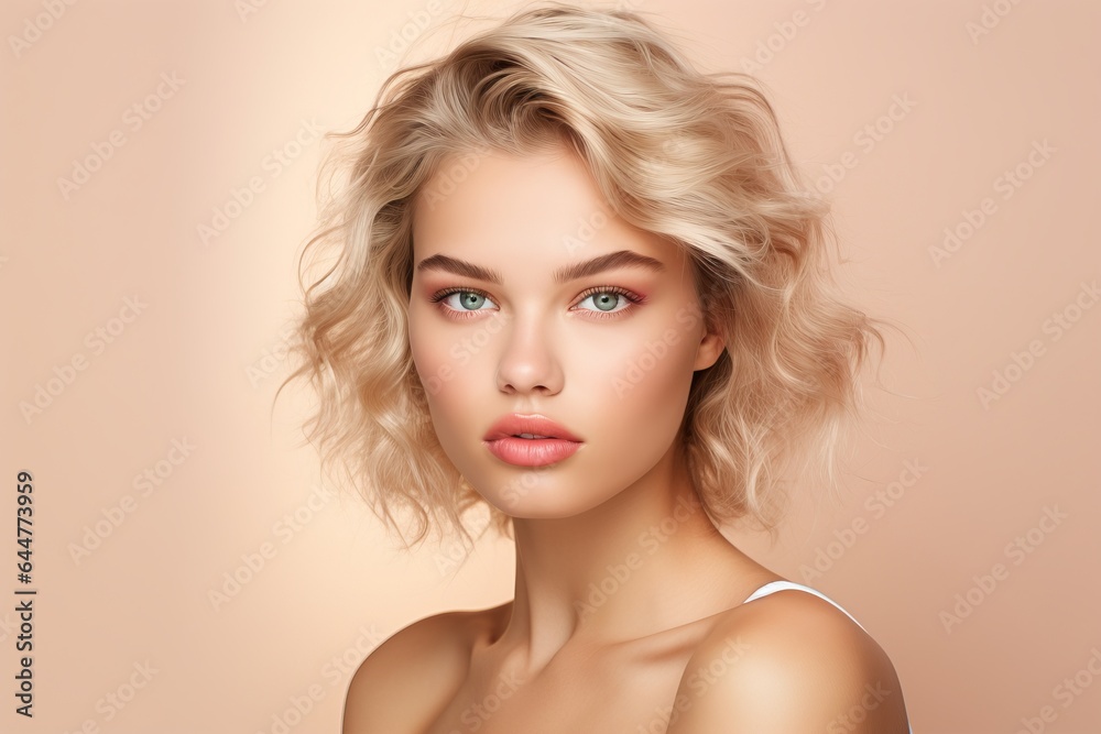 a macro close-up studio fashion portrait of a face of a young blond caucasian woman with perfect skin, hair and immaculate make-up. Skin beauty and hormonal female health concept. a macro close-up studio fashion portrait of a face of a young blond caucasian woman with perfect skin, hair and immaculate make-up. Skin beauty and hormonal female health concept.