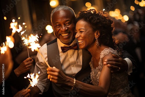 Elderly african couple at a wedding party in formal clothes