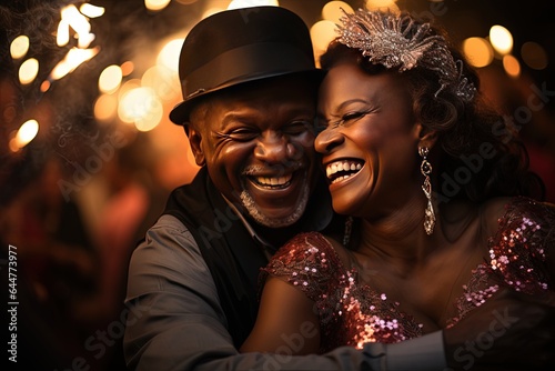 Elderly african couple at a wedding party in formal clothes