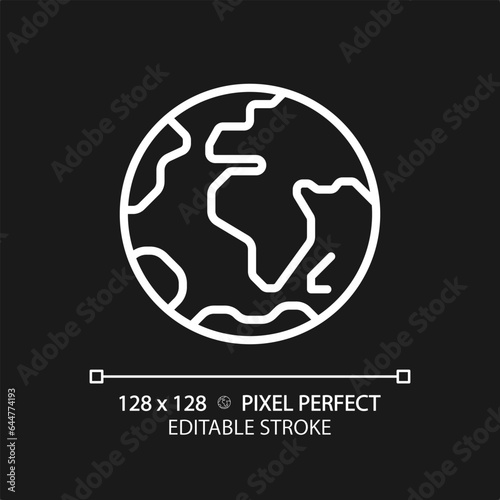 Earth planet pixel perfect white linear icon for dark theme. Environmental science. Natural resources. Climate change. Thin line illustration. Isolated symbol for night mode. Editable stroke
