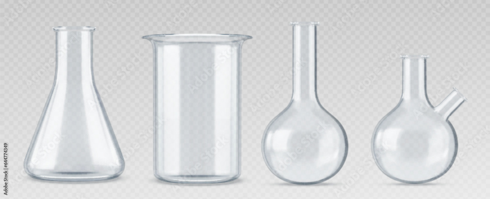 Glass Container Science 3d chemistry laboratory glass science test flask. Realistic lab beaker ...