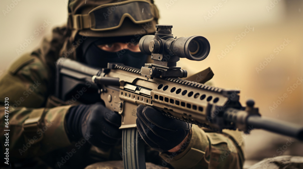 Close-up of skilled army sniper aiming with optical