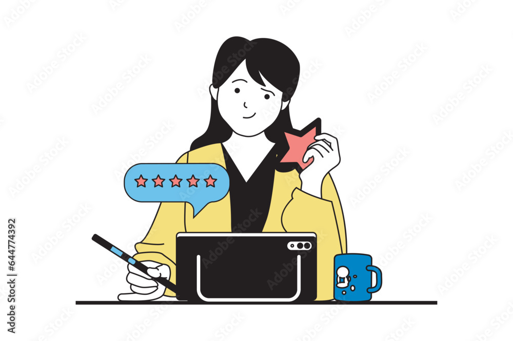 Online survey concept with people scene in flat web design. Woman leaving feedback with stars and filling experience review form. Vector illustration for social media banner, marketing material. Online survey concept with people scene in flat web design. Woman leaving feedback with stars and filling experience review form. Vector illustration for social media banner, marketing material.