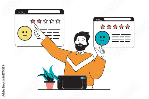 Online survey concept with people scene in flat web design. Man giving different feedback with stars and user experience comments. Vector illustration for social media banner, marketing material.