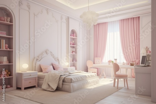 Children s room for girls in classic style in light pink colors and white furniture.