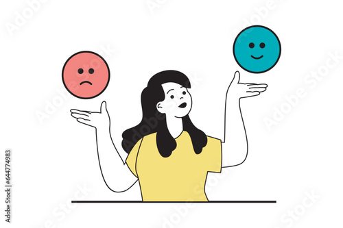 Online survey concept with people scene in flat web design. Woman giving feedback and choosing between positive and negative emoticon. Vector illustration for social media banner, marketing material.