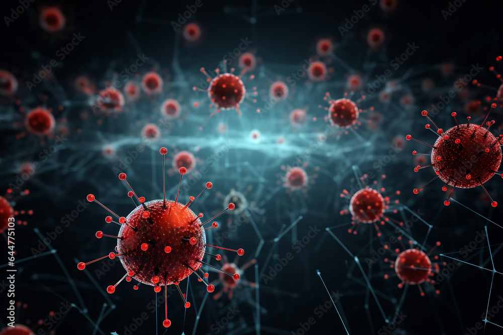 On a visual display of a network, menacing virus icons multiply at an alarming rate, indicating a swift and aggressive infection On a visual display of a network, menacing virus icons multiply at an alarming rate, indicating a swift and aggressive infection