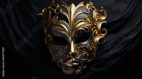 Golden asymmetrical mask on black background