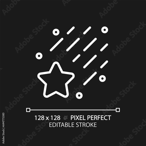 Falling star pixel perfect white linear icon for dark theme. Meteor shower. Make a wish. Night sky. Celestial body. Thin line illustration. Isolated symbol for night mode. Editable stroke