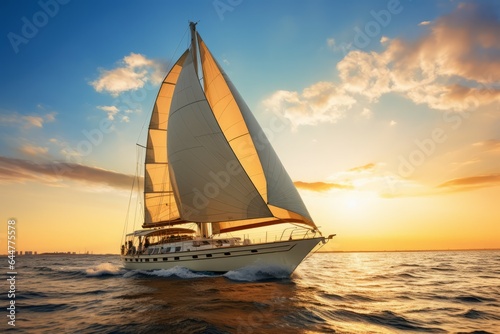 Stampa su tela Luxury yacht sailing at sunset. Generate AI