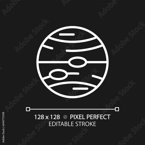 Jupiter pixel perfect white linear icon for dark theme. Planetary astronomy. Solar system. Space mission. Science education. Thin line illustration. Isolated symbol for night mode. Editable stroke
